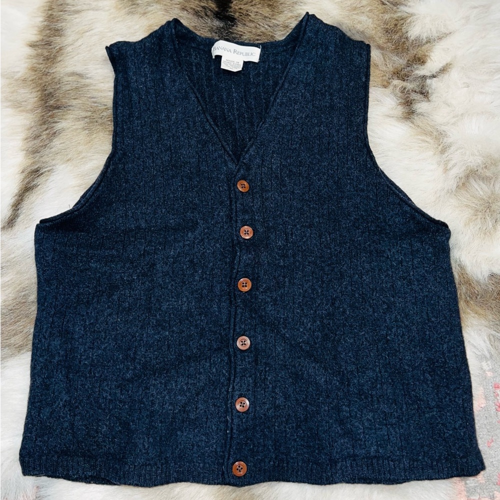Vintage Banana Republic 100% Merino Wool Button Front Sweater Vest XL Navy Blue